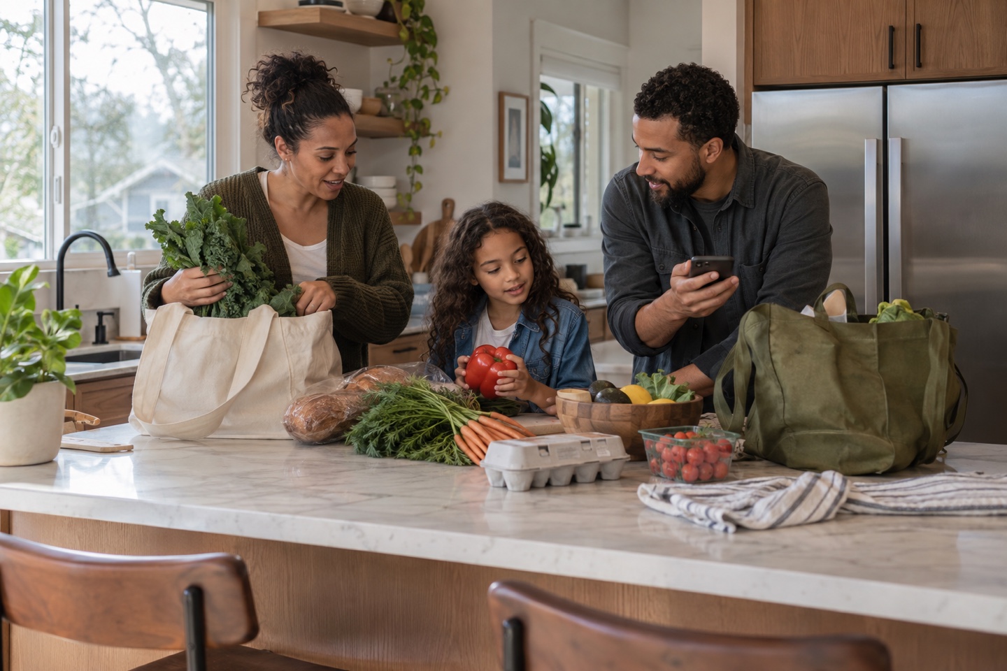 Family unpacking their weekly groceries together