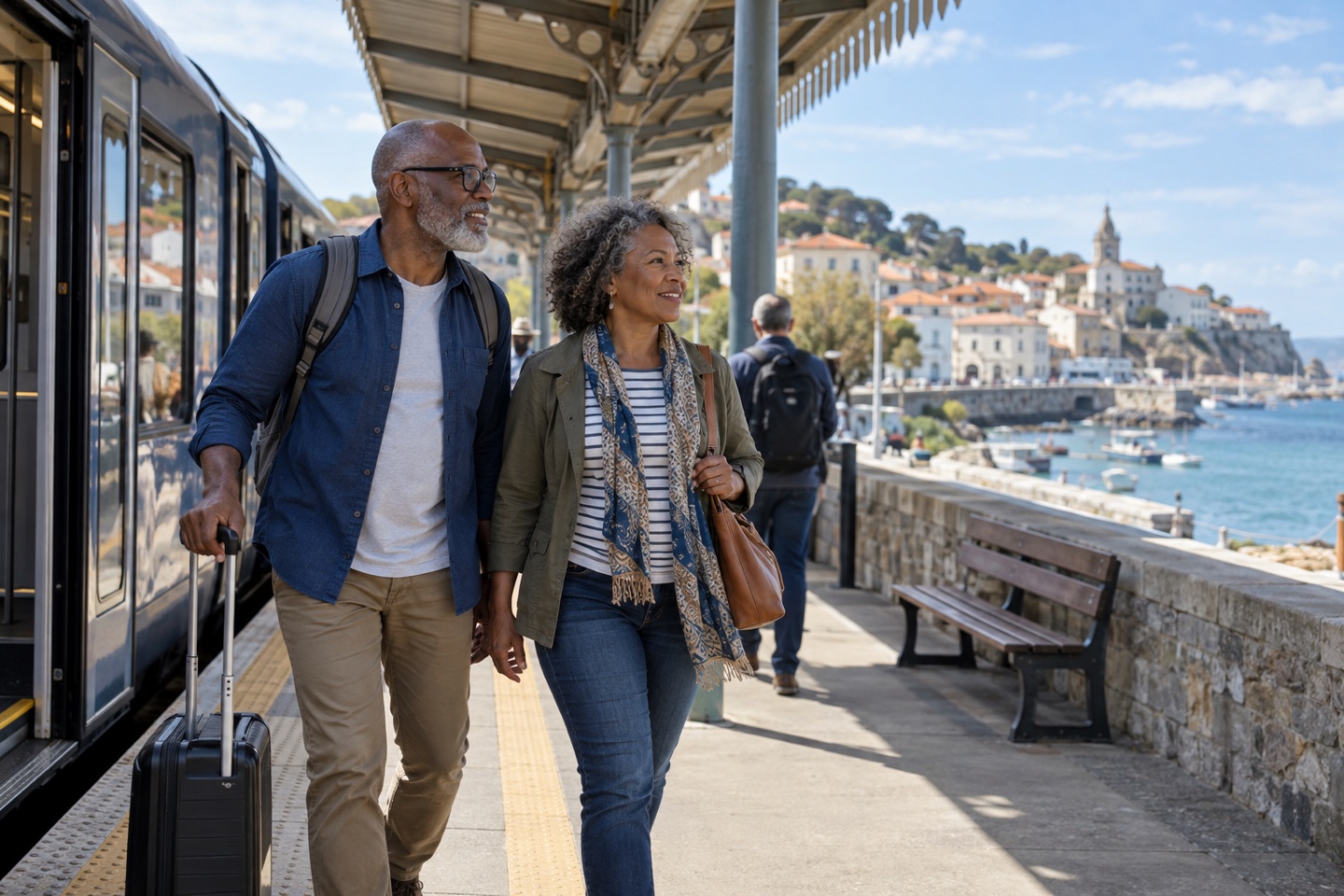 Couple arriving by train at a coastal city