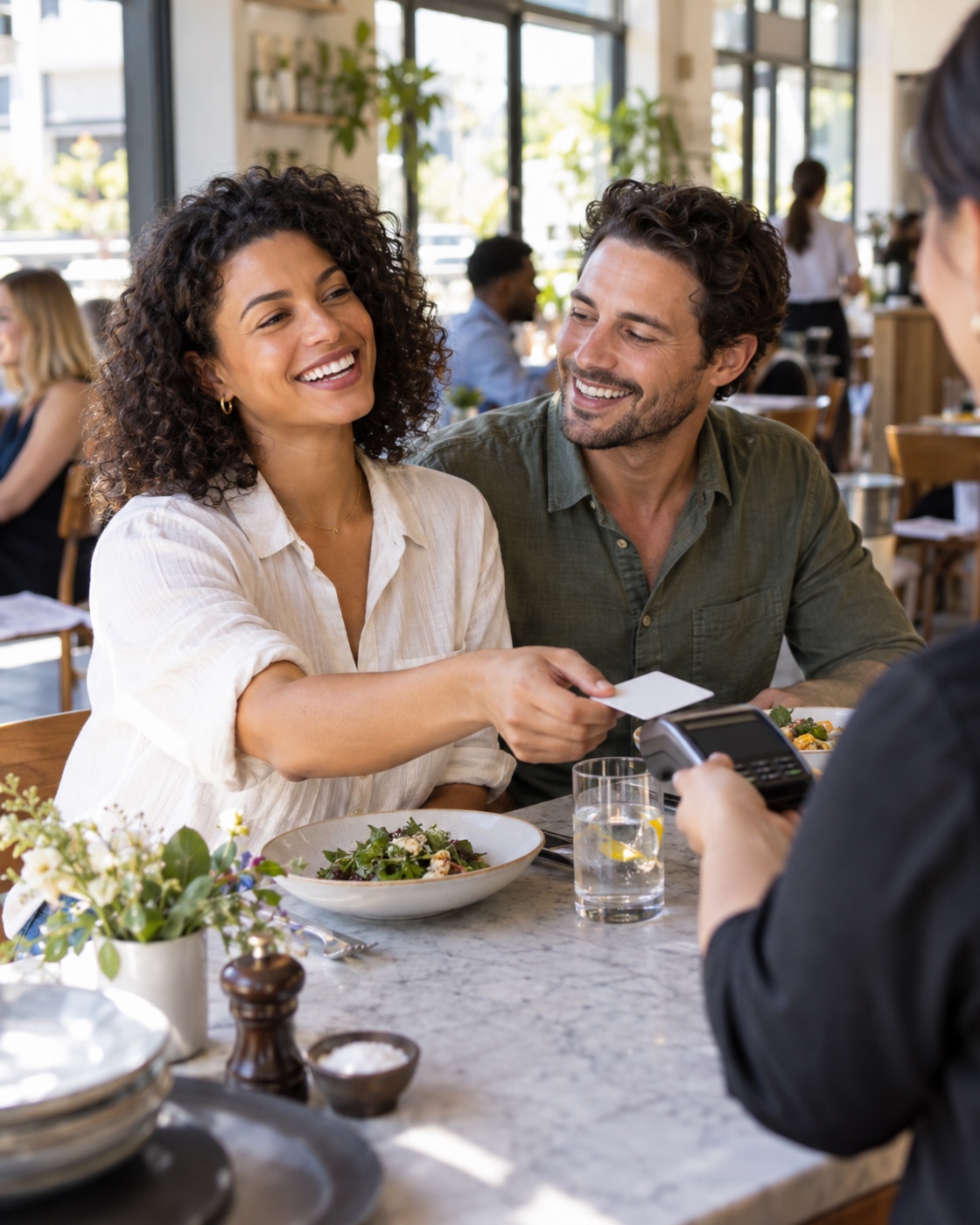 Couple paying after lunch