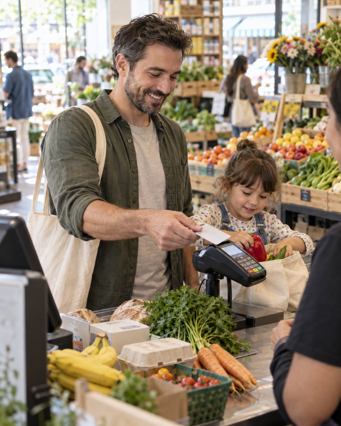 Family paying for groceries