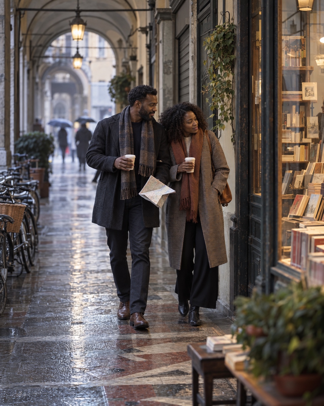 Couple exploring a historic city arcade in the rain