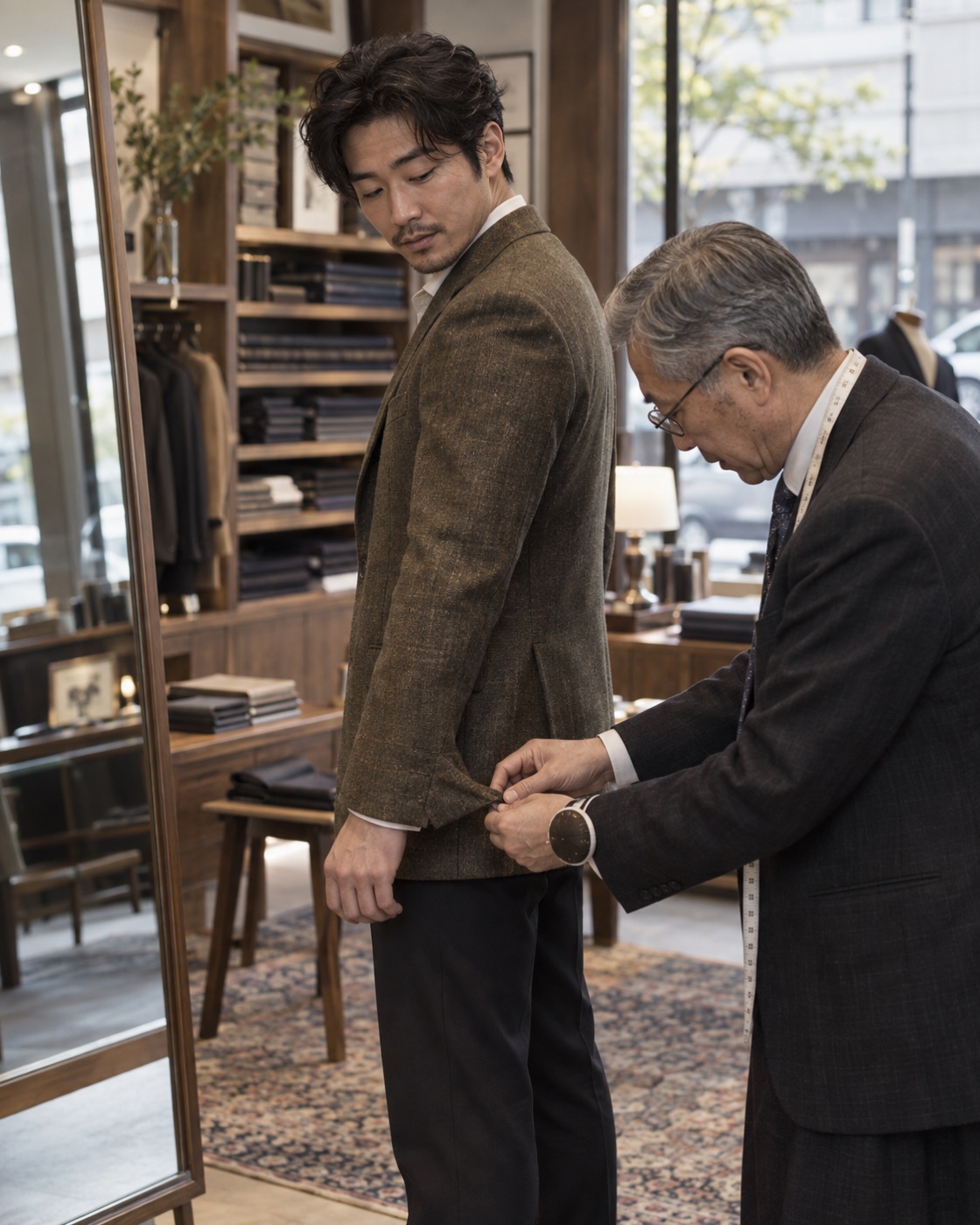 Customer having a jacket fitted in an independent store