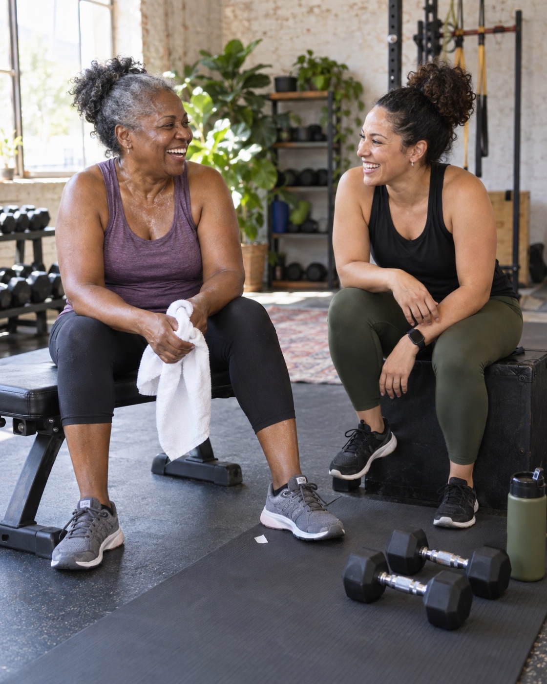 Woman and trainer laughing after a strength session