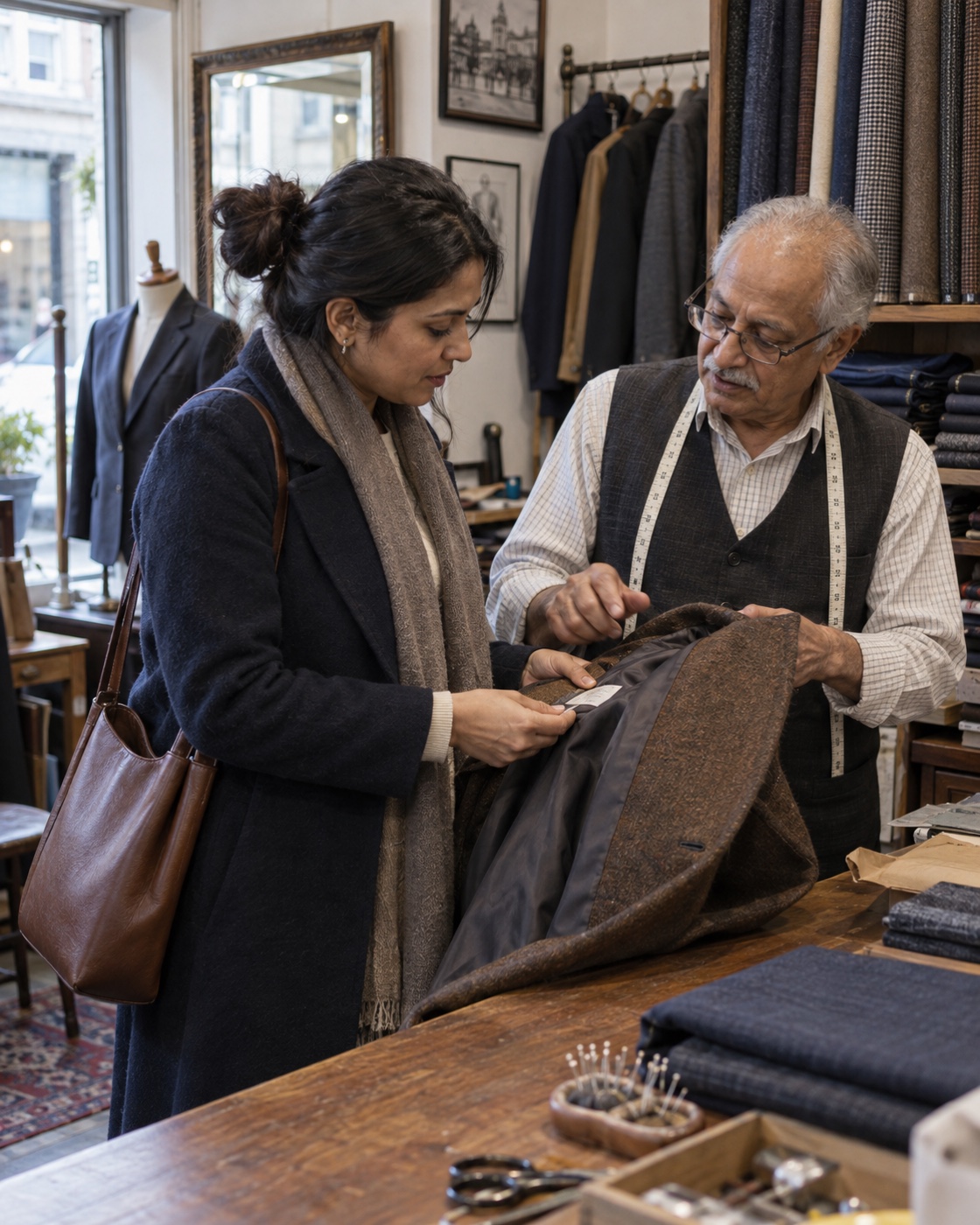 Customer examining a tailored coat with an independent tailor