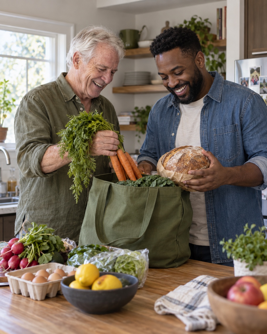 Family members unpacking everyday groceries together