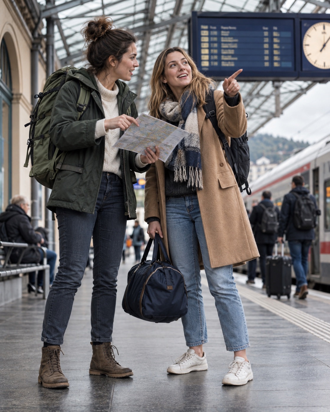 Friends planning a short train journey