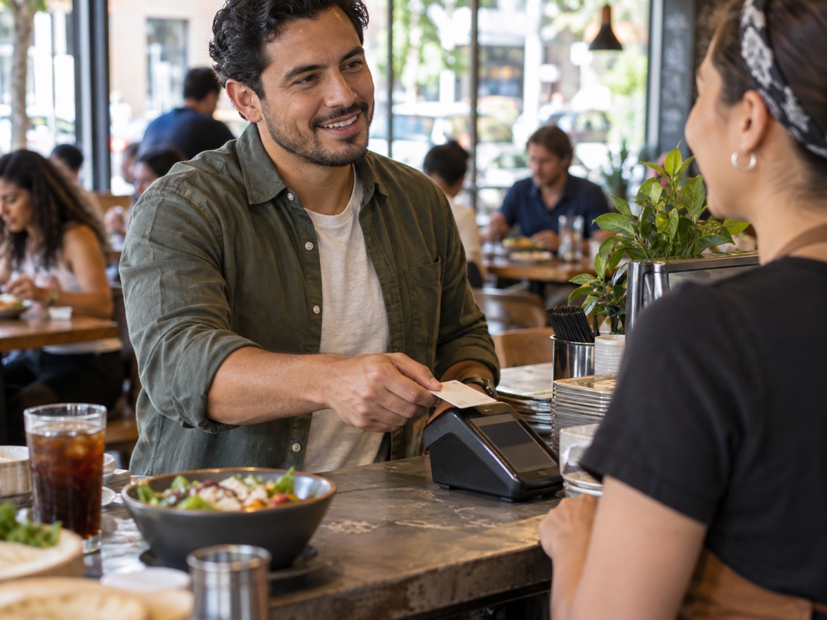 Customer using an eligible card at a restaurant