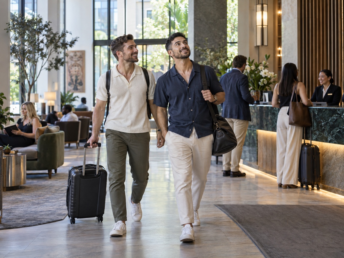 Couple arriving at a boutique hotel