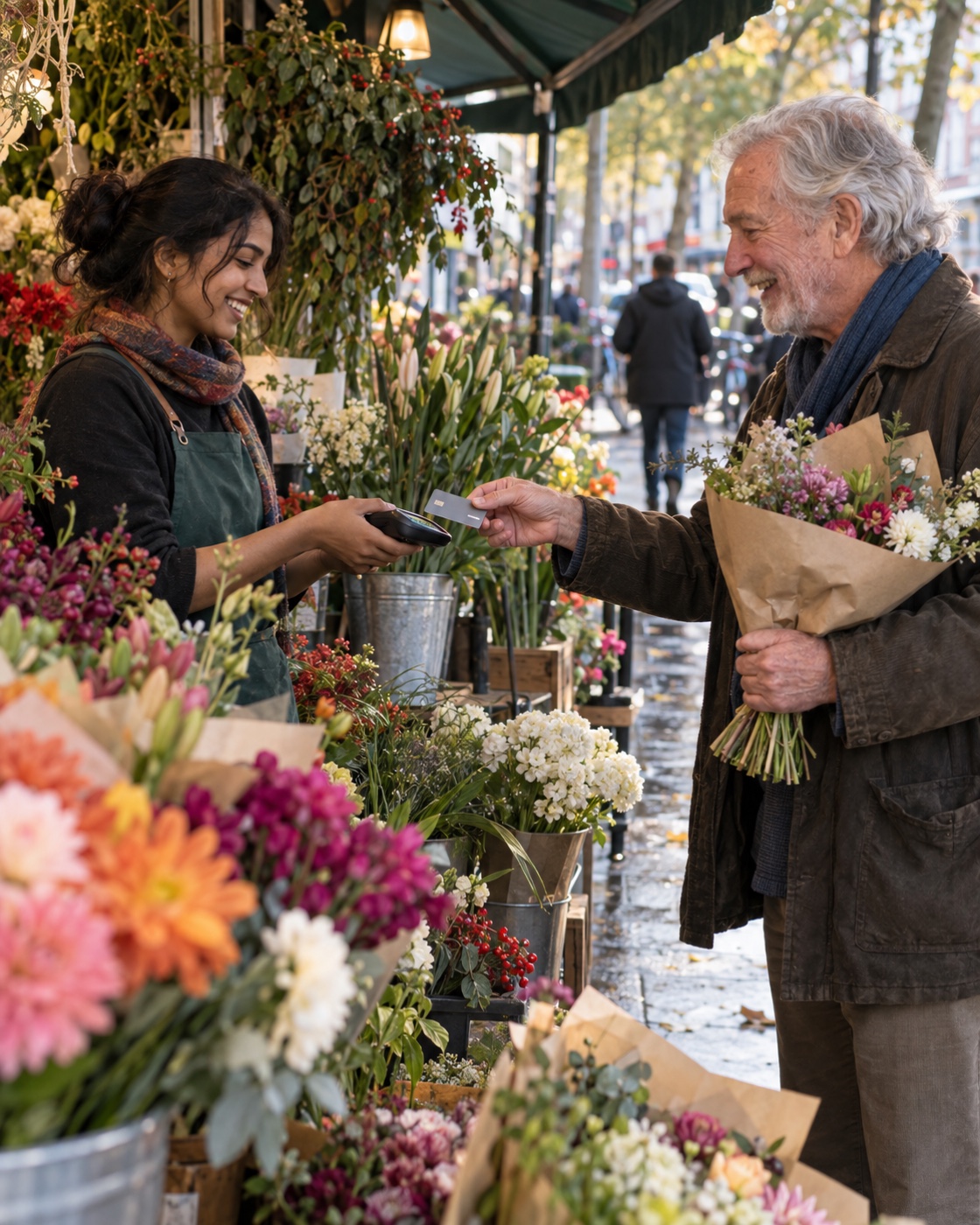 Customer buying flowers at a neighborhood stand