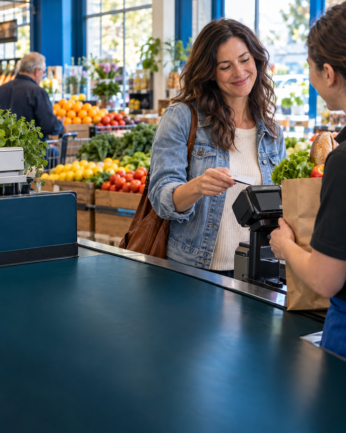 Customer using a card at a neighborhood grocery checkout