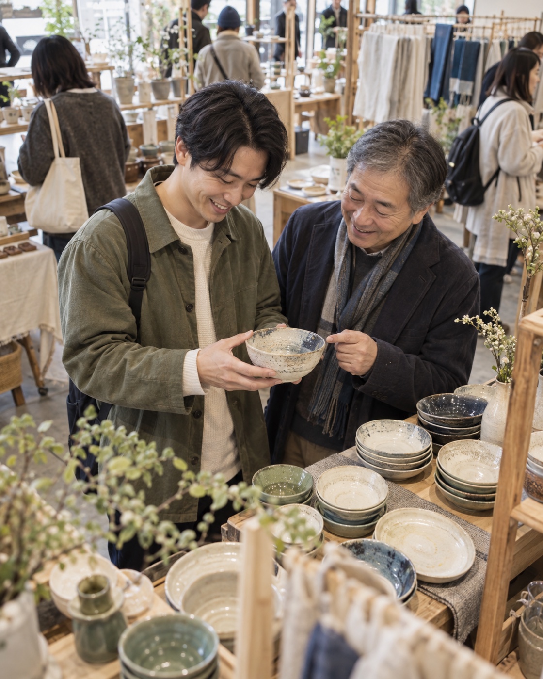 Father and son choosing handmade ceramics at a design market
