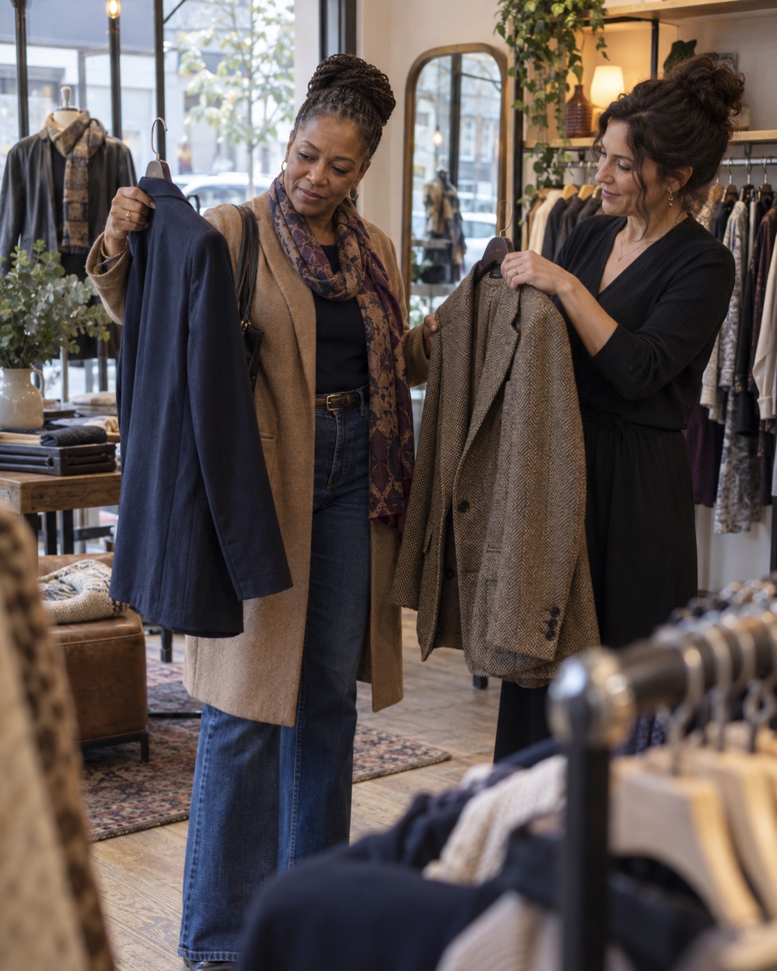 Customer comparing two well-made jackets in an independent boutique