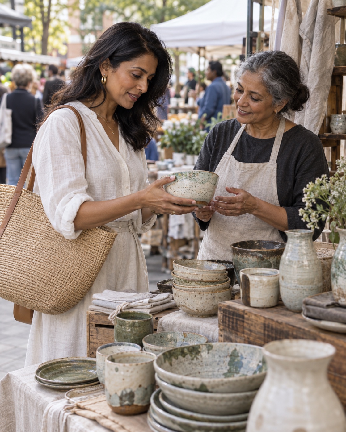 Customer discovering handmade ceramics at a neighborhood market
