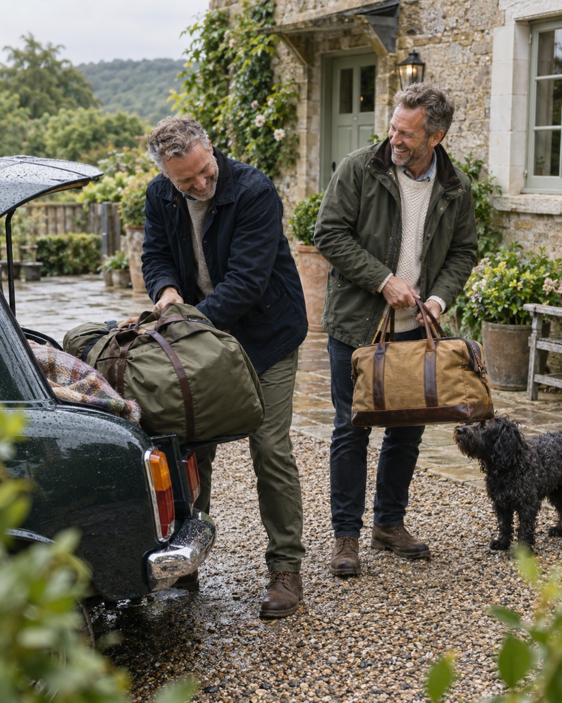 Couple arriving at a countryside guesthouse