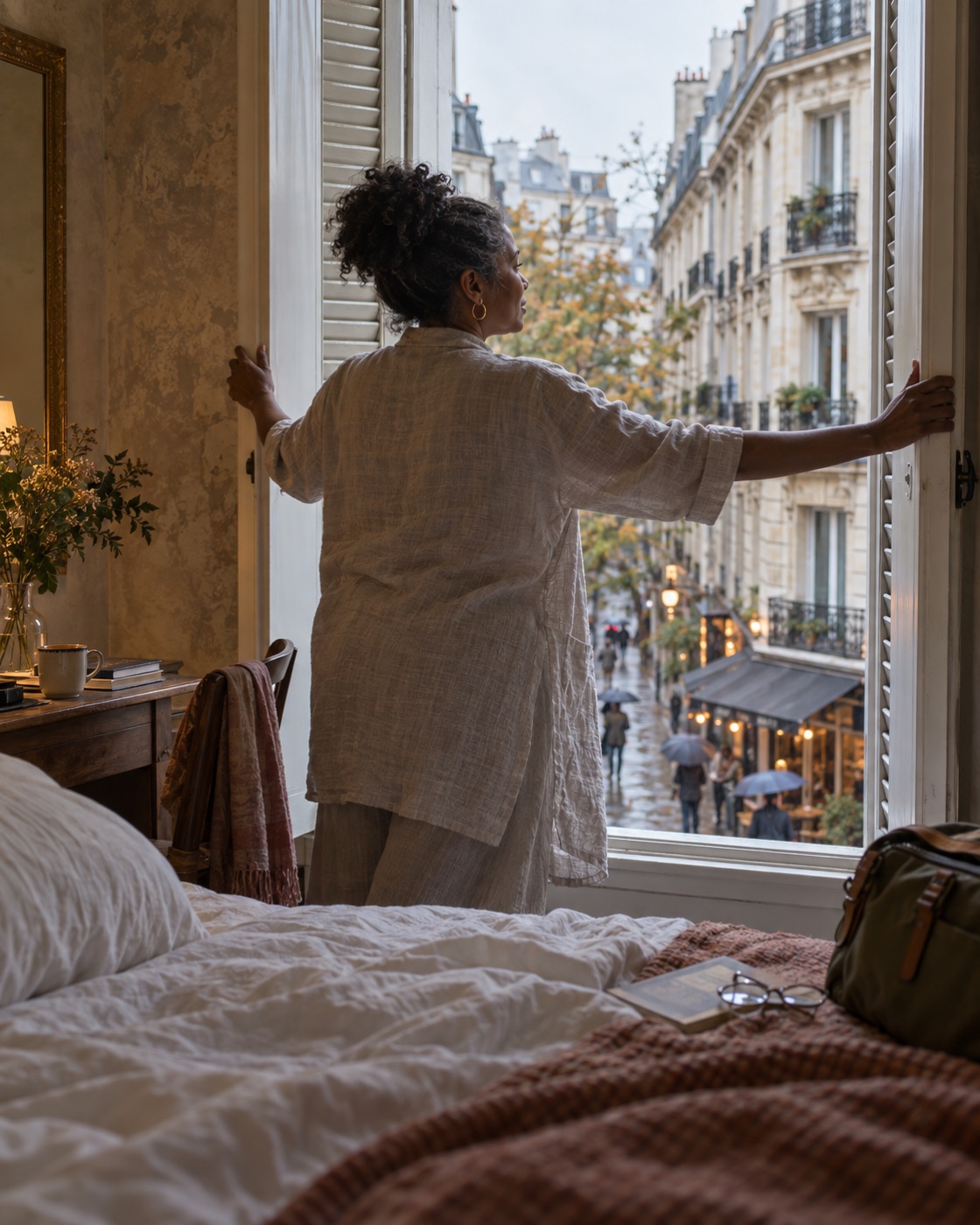 Traveler enjoying the view from a characterful city hotel