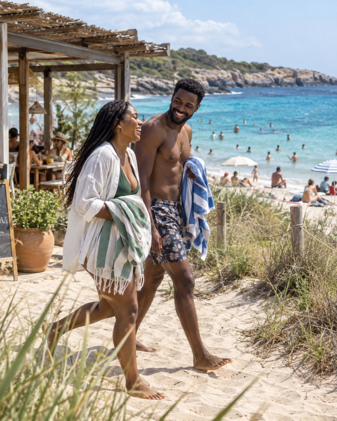 A couple beginning a bright coastal escape