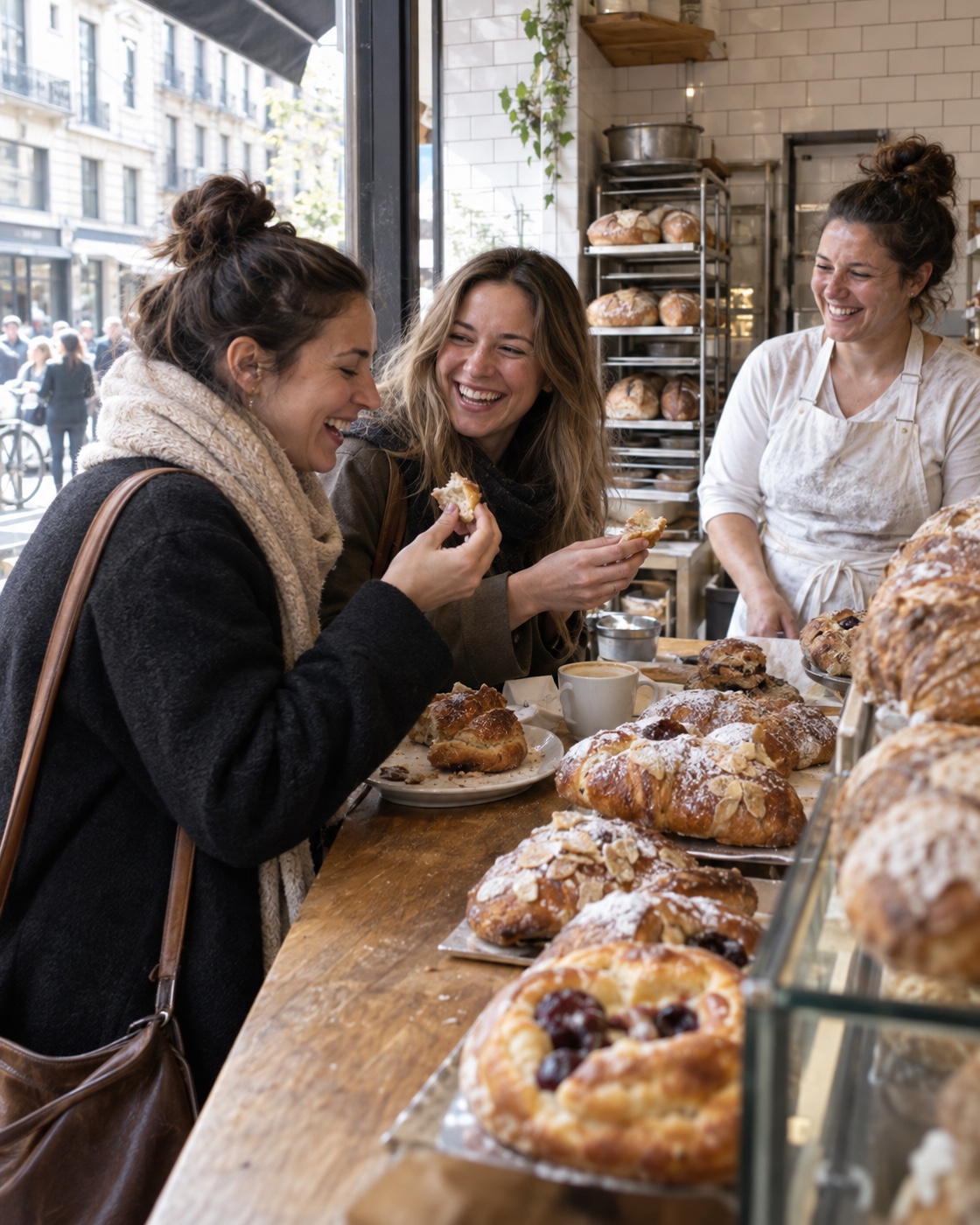 Friends sharing pastries at a city bakery