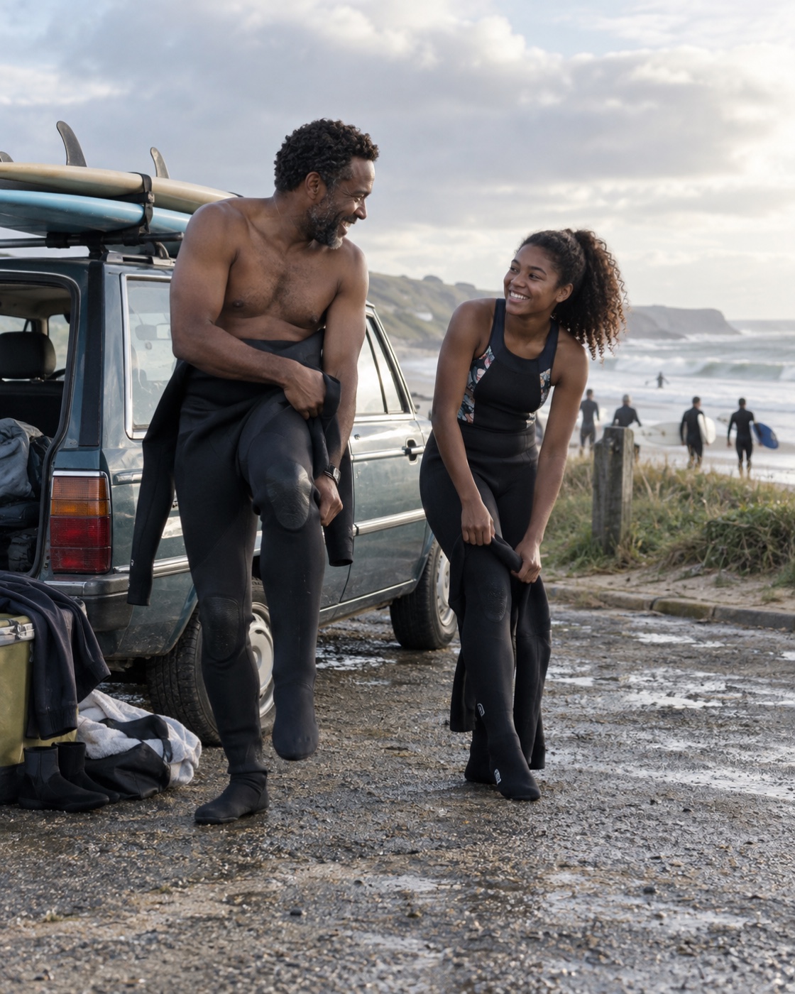 Father and daughter preparing for a morning surf