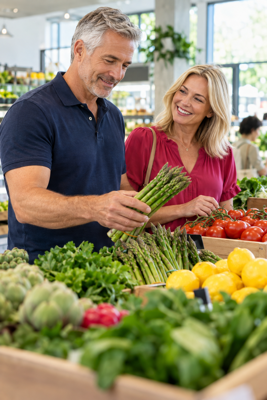 Couple choosing fresh vegetables at a neighborhood food market